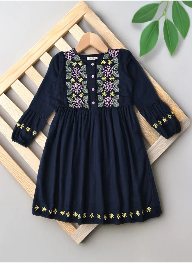 BELLA MODA Bella Moda Embroidered 3/4 Sleeves Cotton Dress with Button Front