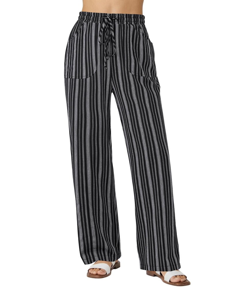 GRAPENT Women Pants Loose for Linen Drawstring Trendy Striped Wide Leg Clothes Striped Cotton Linen Pants, Black Stripe, XL, US Size 16 to 18 - Image 1