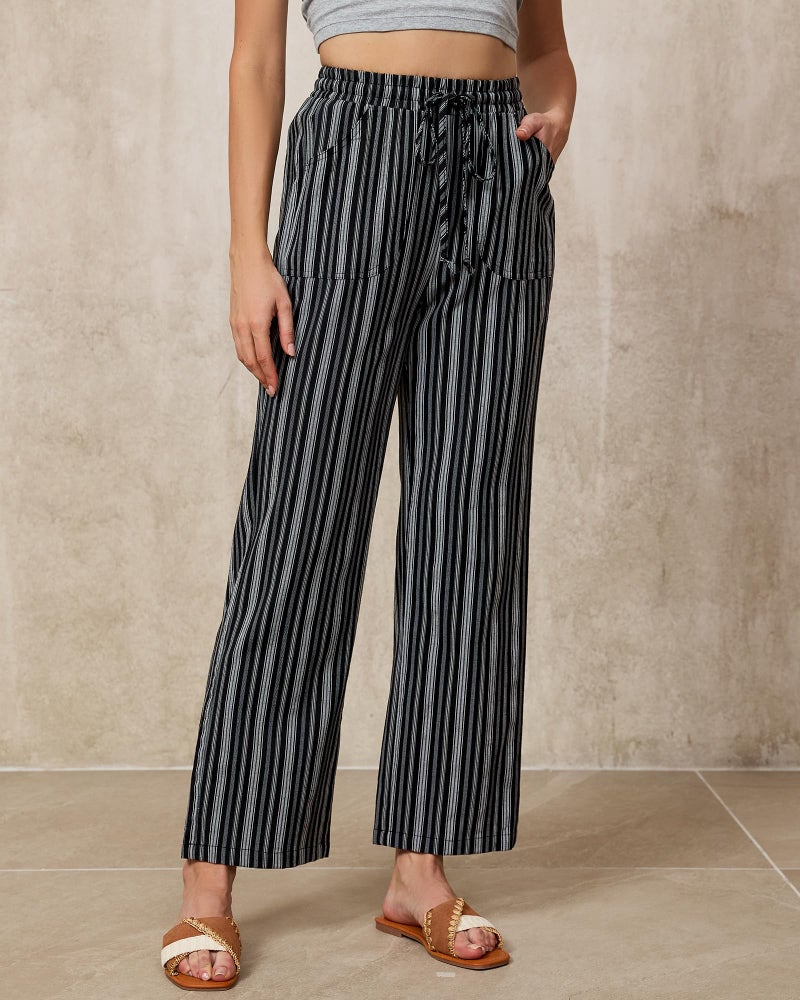 GRAPENT Women Pants Loose for Linen Drawstring Trendy Striped Wide Leg Clothes Striped Cotton Linen Pants, Black Stripe, XL, US Size 16 to 18 - Image 2
