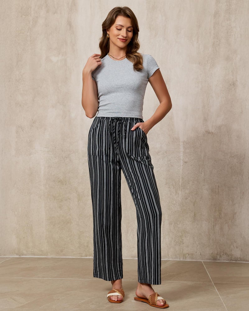 GRAPENT Women Pants Loose for Linen Drawstring Trendy Striped Wide Leg Clothes Striped Cotton Linen Pants, Black Stripe, XL, US Size 16 to 18 - Image 5