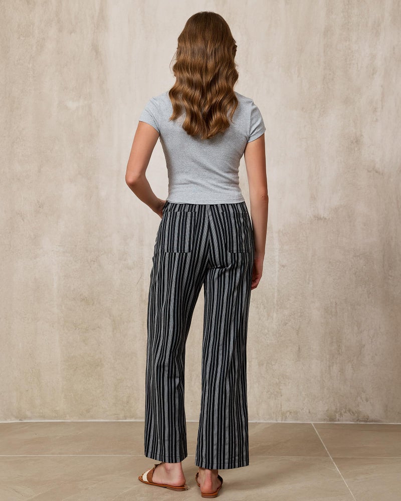GRAPENT Women Pants Loose for Linen Drawstring Trendy Striped Wide Leg Clothes Striped Cotton Linen Pants, Black Stripe, XL, US Size 16 to 18 - Image 4