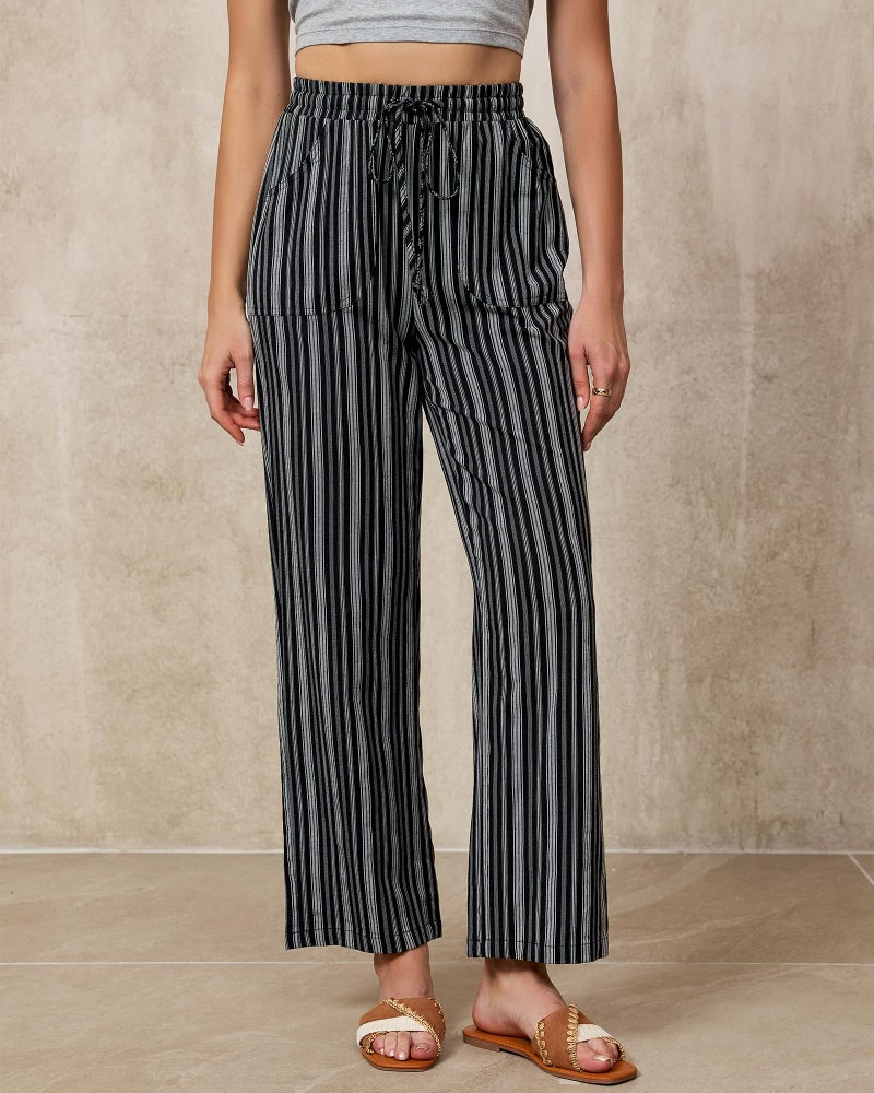 GRAPENT Women Pants Loose for Linen Drawstring Trendy Striped Wide Leg Clothes Striped Cotton Linen Pants, Black Stripe, XL, US Size 16 to 18 - Image 3