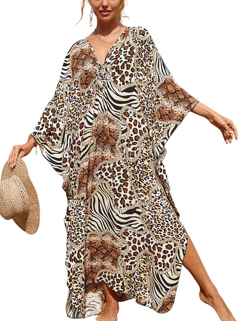 IMAGEKOPE Women's Plus Size Animal Print V-Neck Batwing Kaftan Beach Dress Bathing Suit Cover-Up Loungewear - Image 1