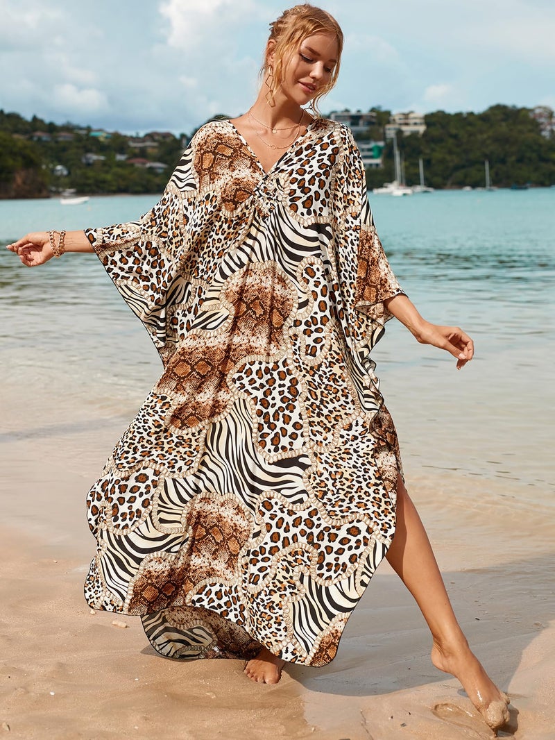 IMAGEKOPE Women's Plus Size Animal Print V-Neck Batwing Kaftan Beach Dress Bathing Suit Cover-Up Loungewear - Image 3