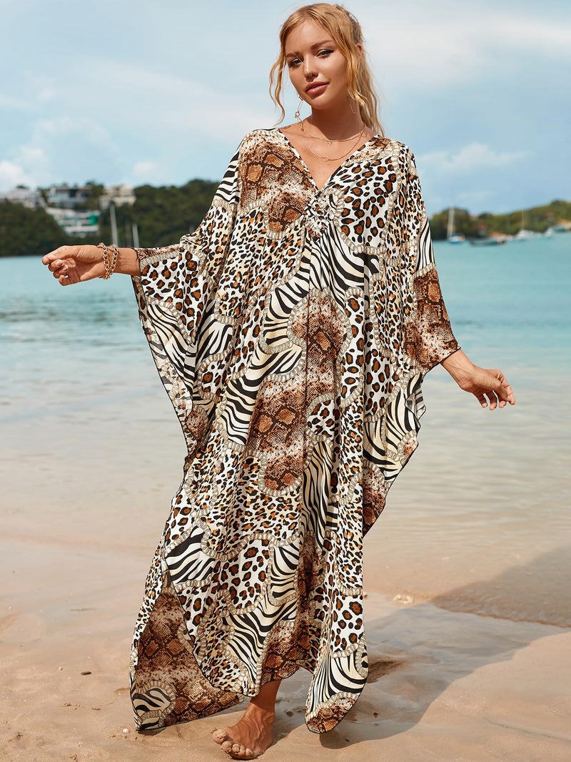 IMAGEKOPE Women's Plus Size Animal Print V-Neck Batwing Kaftan Beach Dress Bathing Suit Cover-Up Loungewear - Image 2