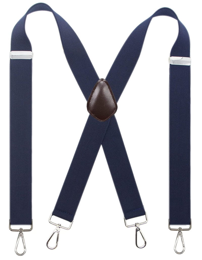 Bioterti Menâ€™s Heavy Duty X- Back 1.4 Inch Suspenders with 4 Snap Hooks (Brown PU-Navy) - Image 1