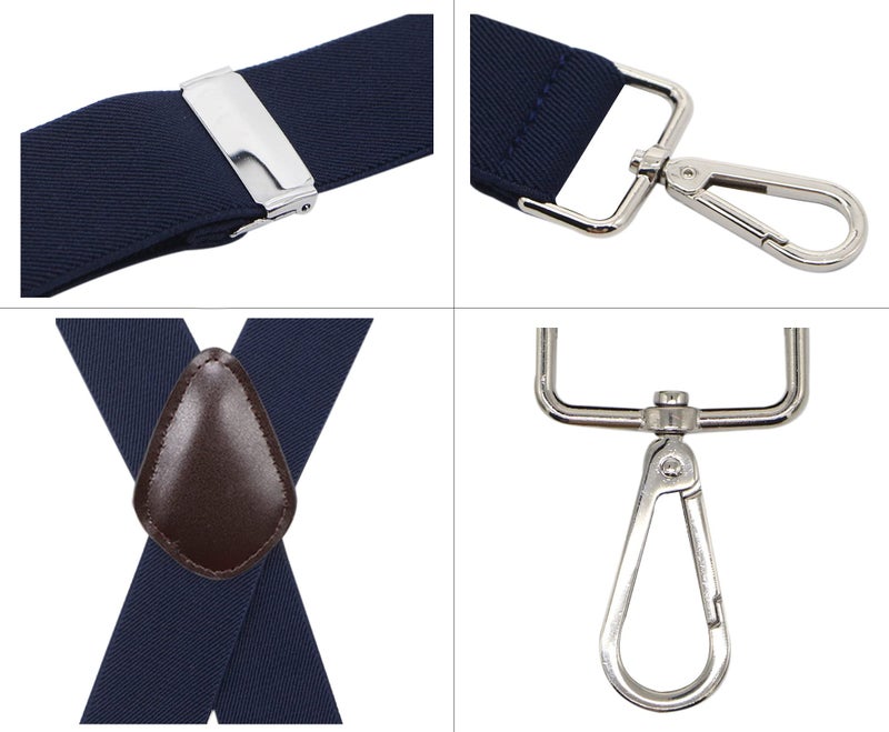 Bioterti Menâ€™s Heavy Duty X- Back 1.4 Inch Suspenders with 4 Snap Hooks (Brown PU-Navy) - Image 2