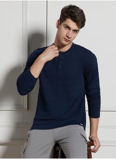 Dennis Lingo Regular Fit Navy Cotton Henley Neck T-Shirt  - Image 3