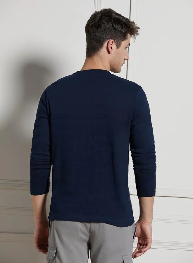 Dennis Lingo Regular Fit Navy Cotton Henley Neck T-Shirt