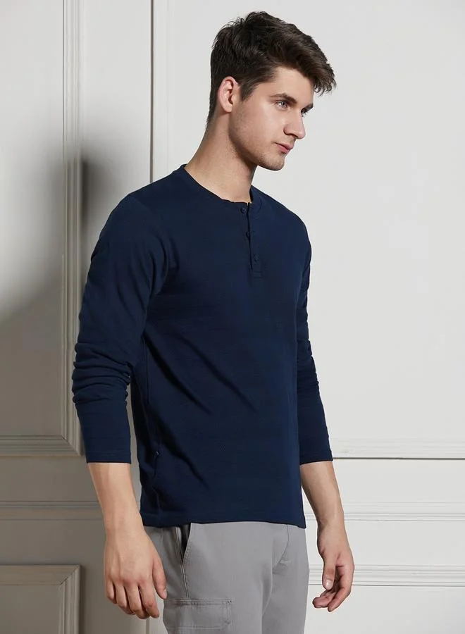 Dennis Lingo Regular Fit Navy Cotton Henley Neck T-Shirt
