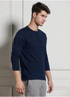 Dennis Lingo Regular Fit Navy Cotton Henley Neck T-Shirt  - Image 5