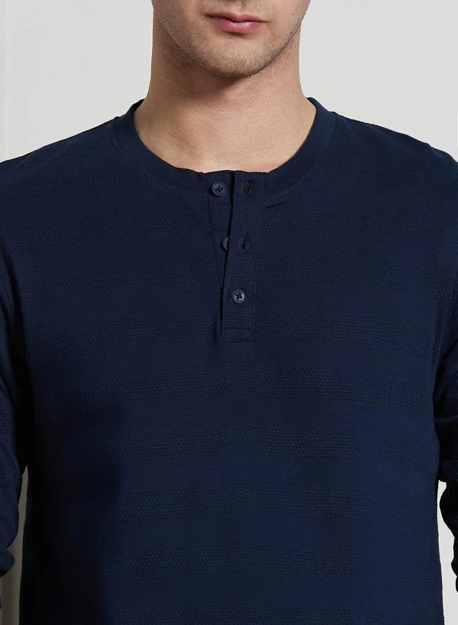 Dennis Lingo Regular Fit Navy Cotton Henley Neck T-Shirt