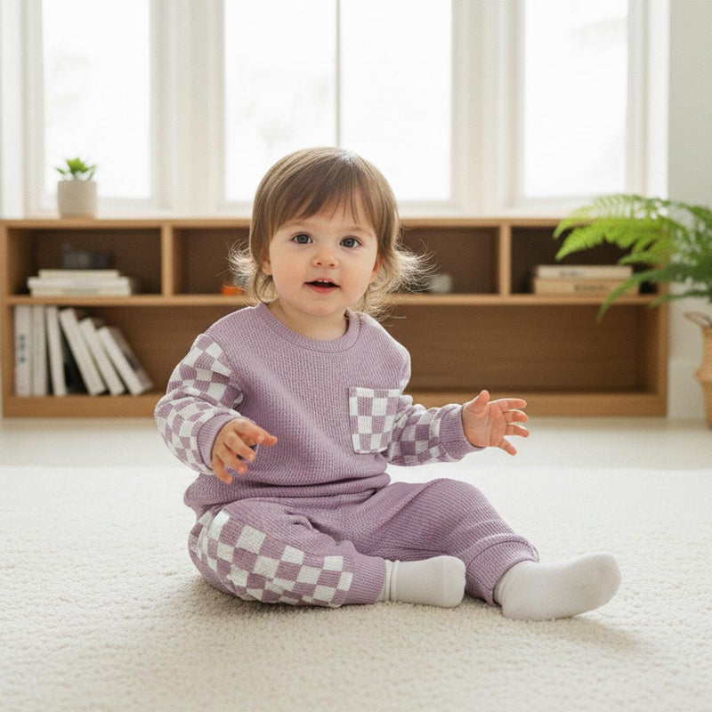 allshope Toddler Baby Girl Fall Outfit Checkerboard Patchwork Long Sleeve Sweatshirt Elastic Waist Pants Newborn Clothes Set (Waffle Purple, 18-24 Months) - Image 5