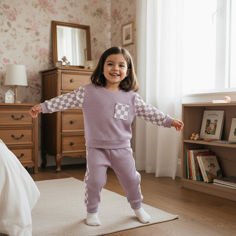 allshope Toddler Baby Girl Fall Outfit Checkerboard Patchwork Long Sleeve Sweatshirt Elastic Waist Pants Newborn Clothes Set (Waffle Purple, 18-24 Months) - Image 3