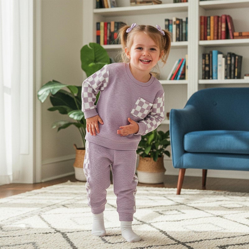 allshope Toddler Baby Girl Fall Outfit Checkerboard Patchwork Long Sleeve Sweatshirt Elastic Waist Pants Newborn Clothes Set (Waffle Purple, 18-24 Months) - Image 4
