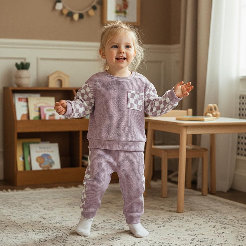 allshope Toddler Baby Girl Fall Outfit Checkerboard Patchwork Long Sleeve Sweatshirt Elastic Waist Pants Newborn Clothes Set (Waffle Purple, 18-24 Months) - Image 2
