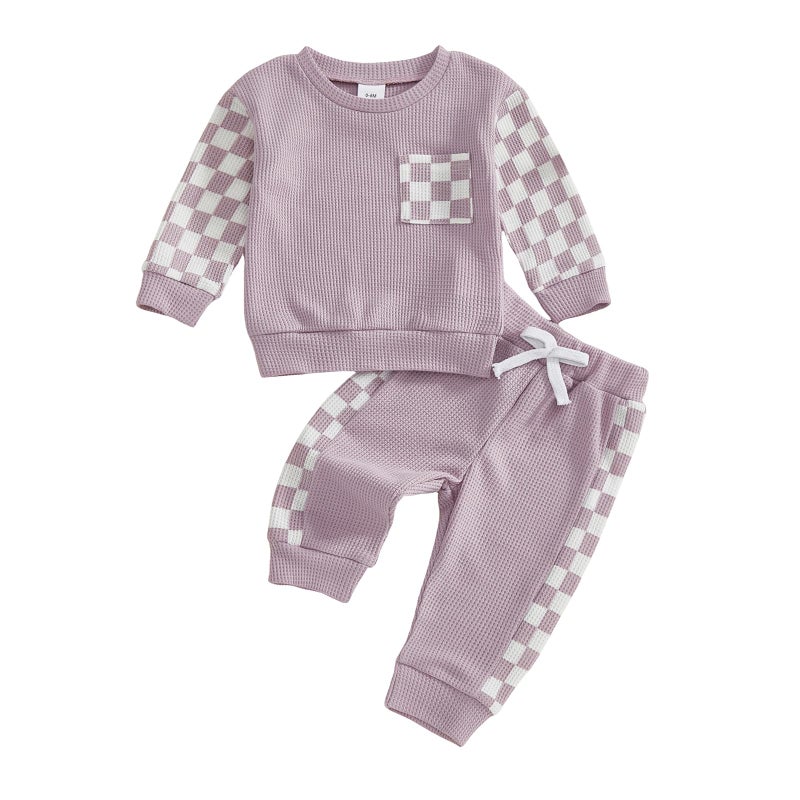 allshope Toddler Baby Girl Fall Outfit Checkerboard Patchwork Long Sleeve Sweatshirt Elastic Waist Pants Newborn Clothes Set (Waffle Purple, 18-24 Months) - Image 1