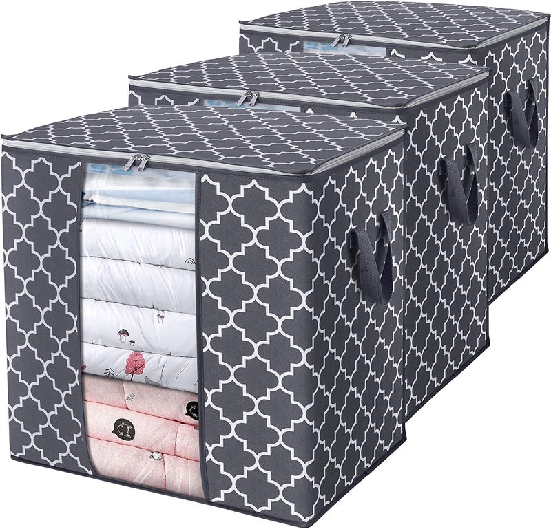 KIKA HOMS Moroccon Print Storage Bags [3 Pack/100L] Large Blanket Clothes Organization and Storage Containers for Comforters, Bedding, Foldable Organizer, Grey, Non-Woven Fabric - Image 1