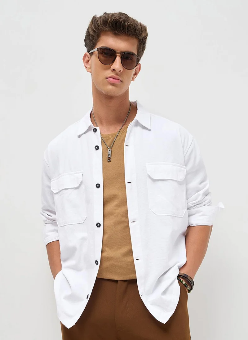 Urbano Fashion Men's White Cotton Full Sleeve Relaxed Fit Shacket with Utility Pockets
