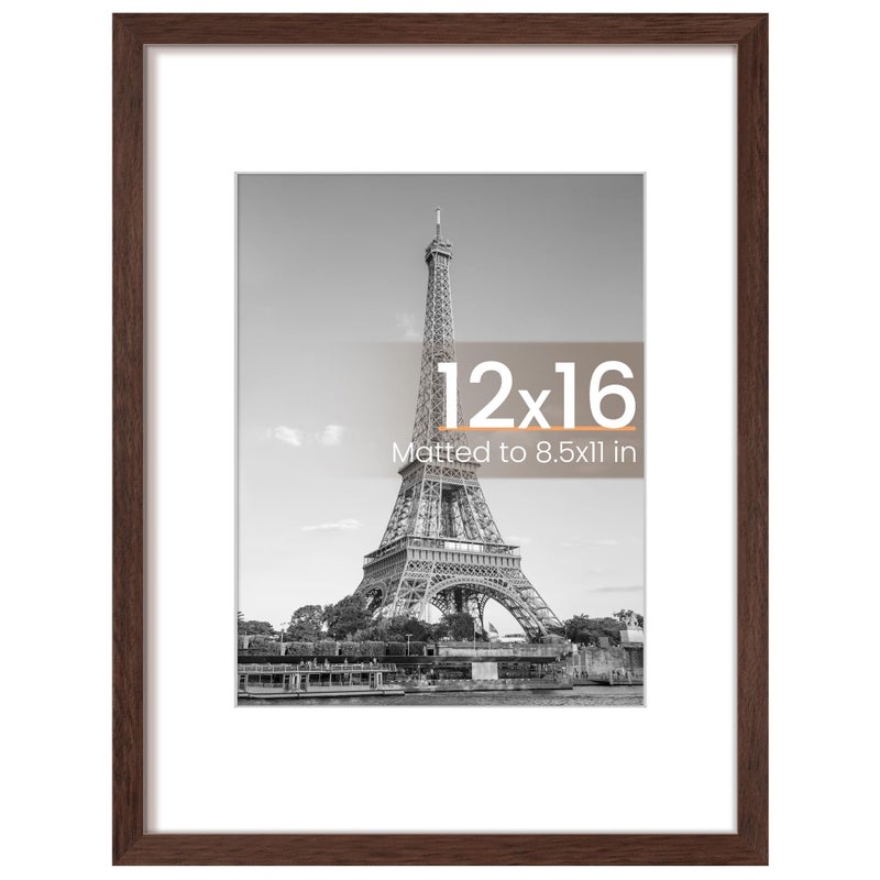 upsimples 12x16 Picture Frame, Display Pictures 8.5x11 with Mat or 12 x 16 Without, Wall Hanging Poster Frames, Brown, 1 Pack - Image 1