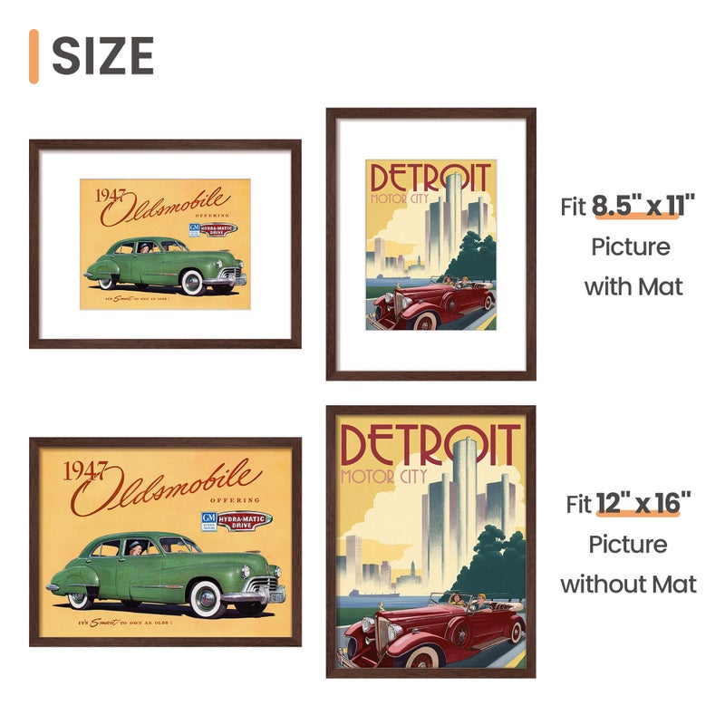 upsimples 12x16 Picture Frame, Display Pictures 8.5x11 with Mat or 12 x 16 Without, Wall Hanging Poster Frames, Brown, 1 Pack - Image 3