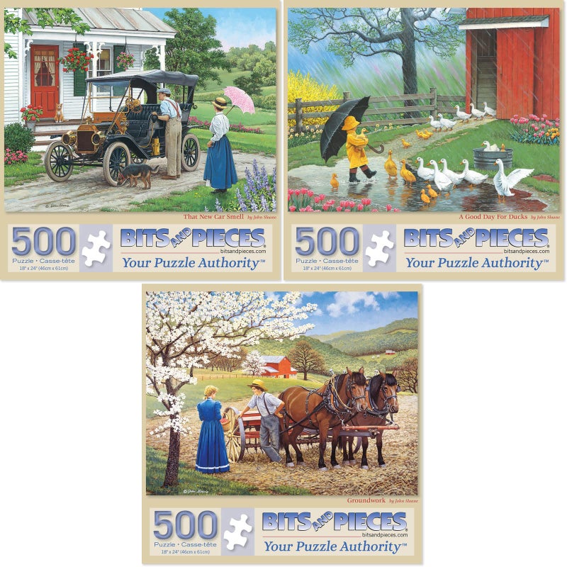 Bits and Pieces Bits and Pieces - Value Set of (3) 500 Piece Jigsaw Puzzles for Adults - Each Puzzle Measures 18"" x 24"" - 500 pc That New Car Smell  A Good Day for Ducks  Groundwork Jigsaws by Artist John Sloane  - Image 1