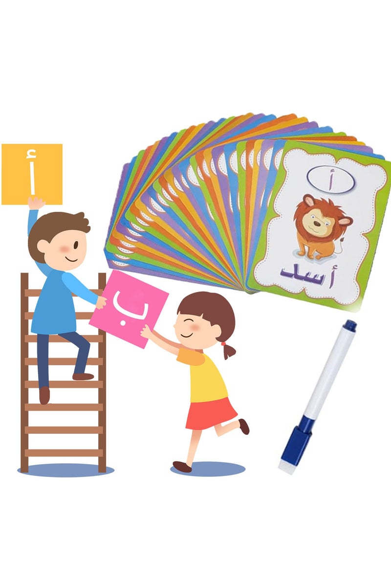 VIUAUAX 28 PCS Arabic Alphabet Flashcards, Double Sided Arabic Alphabets Flash Card, Colorful Early Word Education Toys Learning Resource Interactive Set with Marker Pen for Practicing, Writing - Image 1