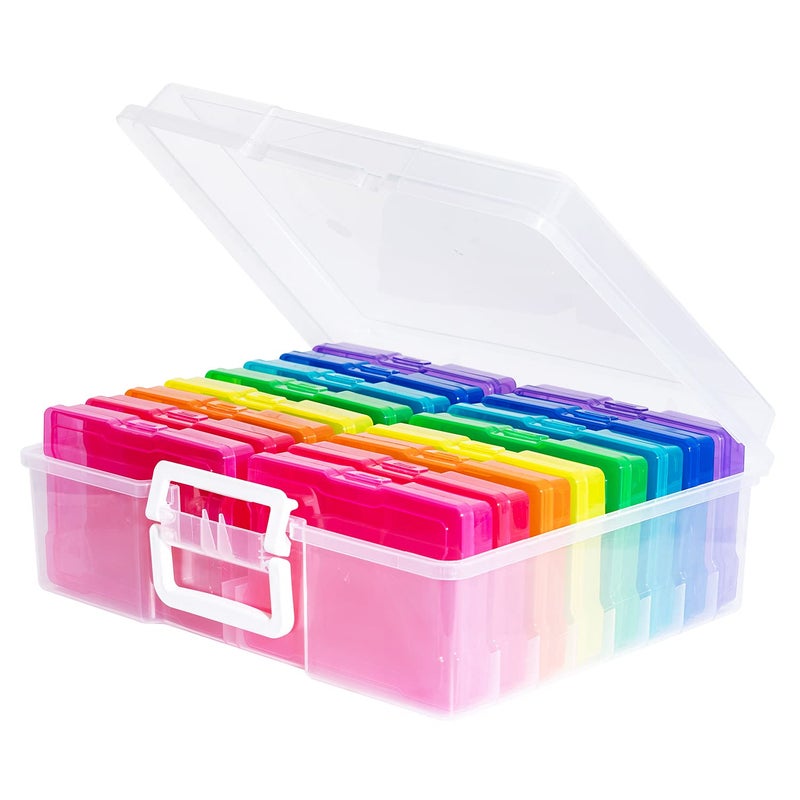 novelinks Transparent 4" x 6" Photo Cases and Clear Craft Keeper with Handle - 16 Inner Cases Plastic Storage Container Box (Multi-colored) - Image 1