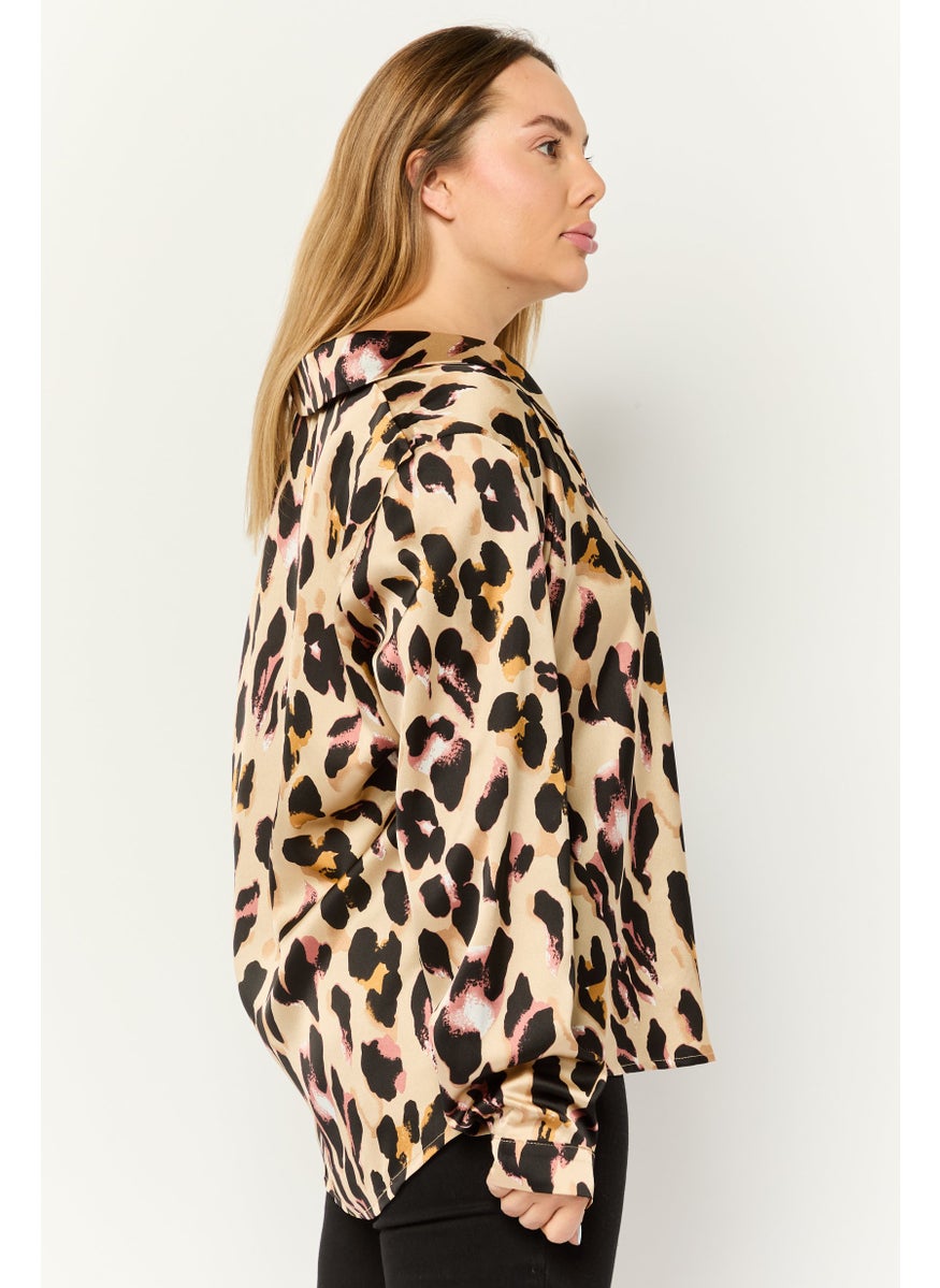 Never fully Dressed - Women Notched Collar Long Sleeves Animal Print Top, Multicolor - Image 1