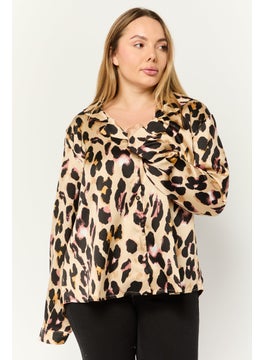 Women Notched Collar Long Sleeves Animal Print Top, Multicolor