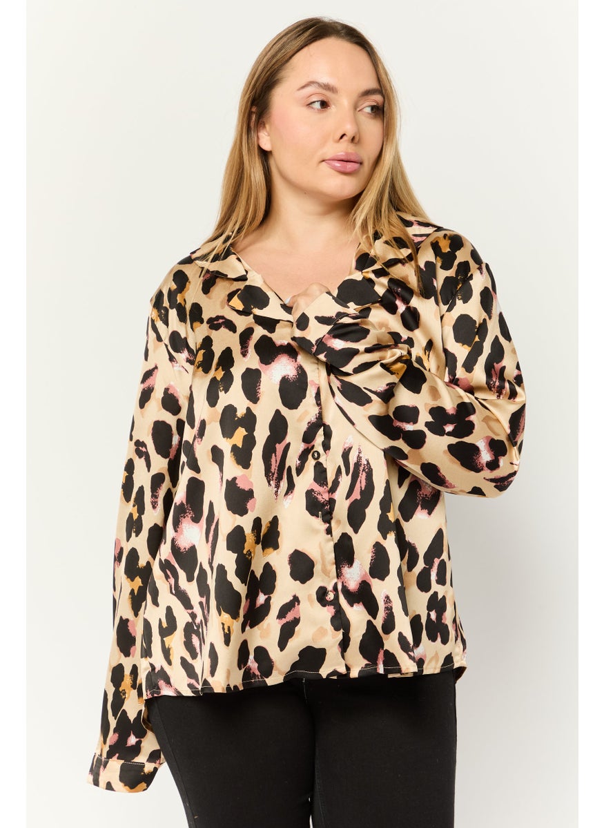 Never fully Dressed - Women Notched Collar Long Sleeves Animal Print Top, Multicolor - Image 1