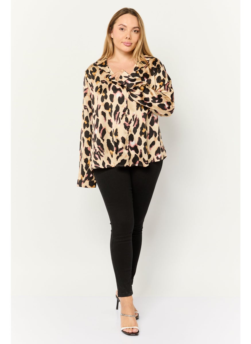 Never fully Dressed - Women Notched Collar Long Sleeves Animal Print Top, Multicolor - Image 1