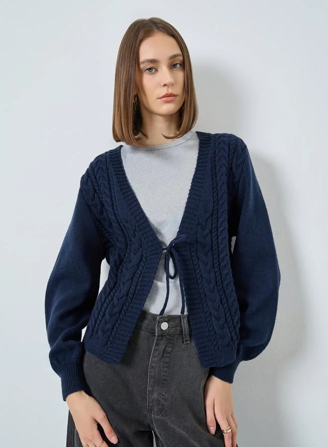Navy Boxy Fit Cable Knit Tie-Front Cardigan