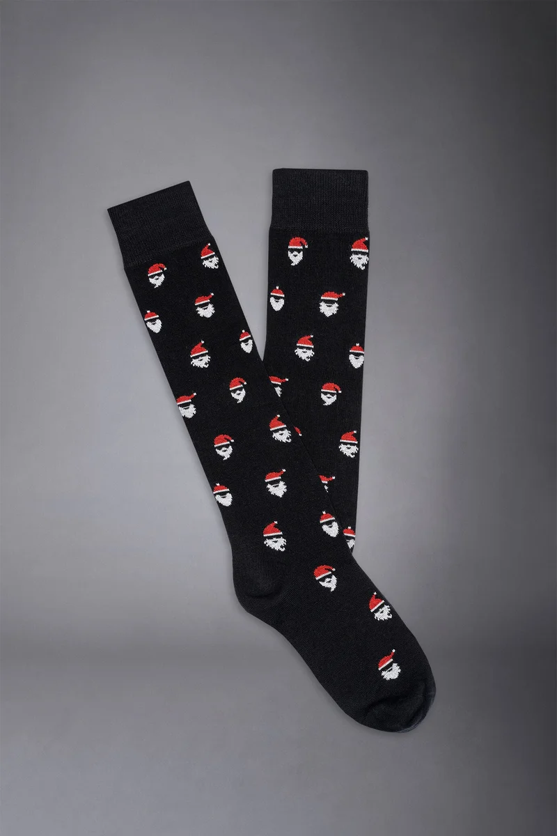 دوبل غانغر Men's knitted long socks with Santa Claus pattern made in Italy - DK Blue