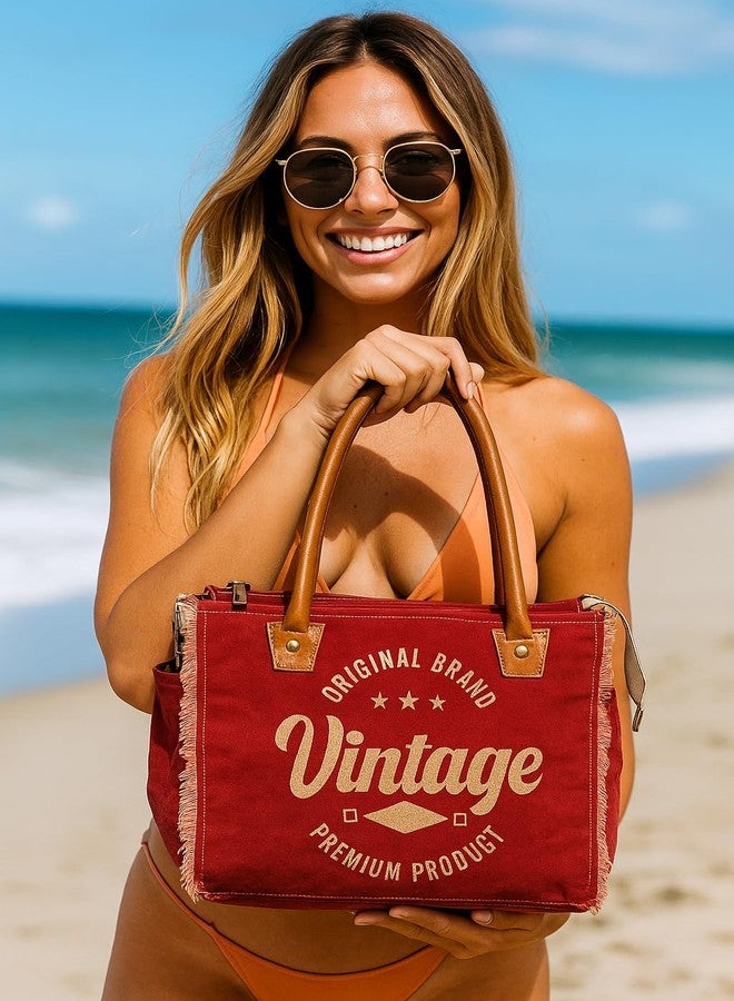 CREATIVE LEATHER ART حقيبة يد وحقيبة قماشية عتيقة مُعاد تدويرها من كرييتيف ليذر آرت، مصنوعة من جلد البقر والقماش، حقيبة يد قماشية للنساء، حقيبة تسوق قماشية، حقائب كتف قماشية للنساء، لون أحمر عتيق، مقاس 13 × 10 بوصة - Image 4