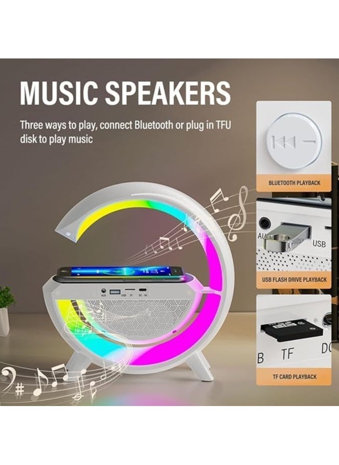 Smart LED Table Lamp with Wireless Charger, Dimmable RGB Color Changing Ambient Light, Music Sync Bluetooth Speaker - Perfect Smart Mood Light and Charger for Bedroom