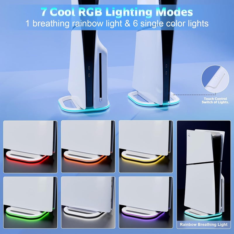 Honcam Vertical Stand for PS5/PS5 Slim/PlayStation Pro Consoles, PlayStation 5 Vertical Holder with 7 RGB Lights and a Screw,White - Image 2