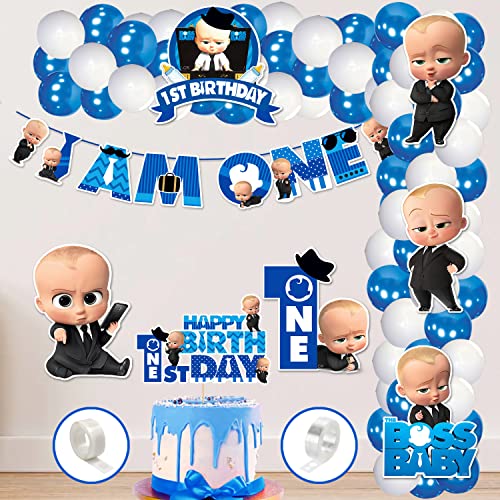 Zyozique 60 Piece First Baby Boss theme Decoration Paper Banner Cardstock Cake Toppers Balloons Birthday Decoration Kit - Image 1