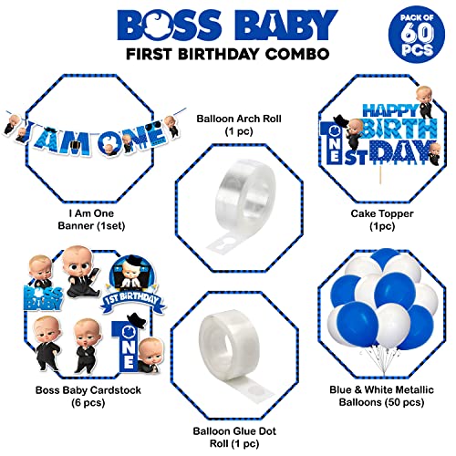 Zyozique 60 Piece First Baby Boss theme Decoration Paper Banner Cardstock Cake Toppers Balloons Birthday Decoration Kit - Image 2