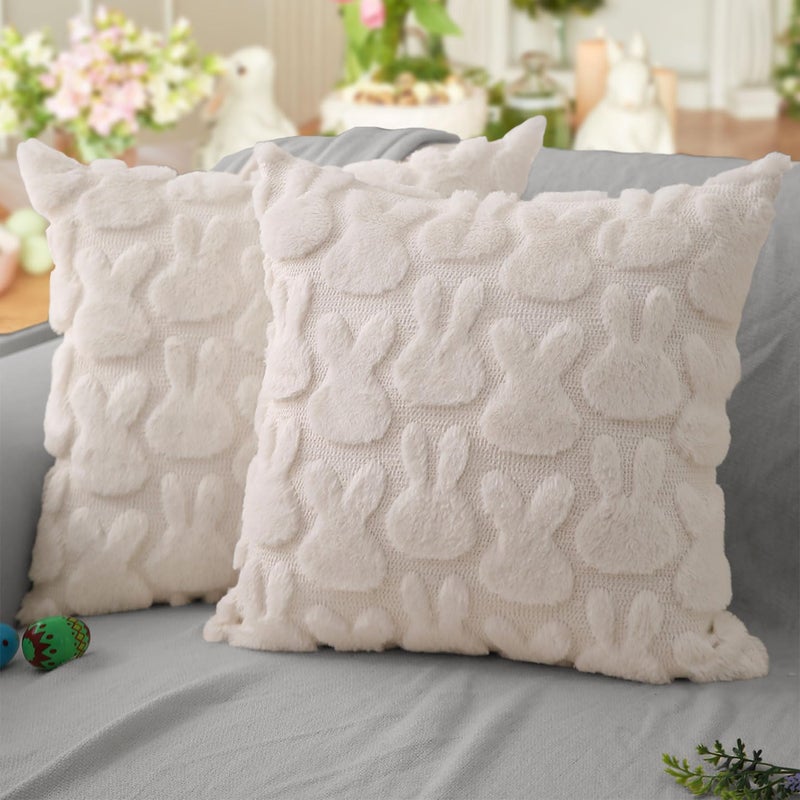 DFXSZ Easter Pillow Covers 18x18 inch Set of 2 Easter Decoration Cream White Rabbit Soft Plush Faux Fur Jacquard Throw Pillows for Bedroom Sofa Holiday Festivals Home Decor FHJ010A18 - Image 2