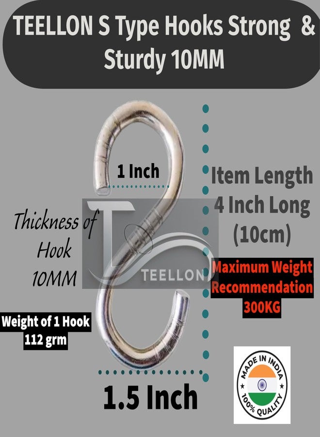 TEELLON® 2 Pack, 4-Inch,10MM-Thick S Hooks for Hanging Heavy Duty Swing Hammock Chair Boxing Punching Bag Pot Hanging Max 300kg Load Capacity Strong Utility Hooks for Hang Any Article - Image 2