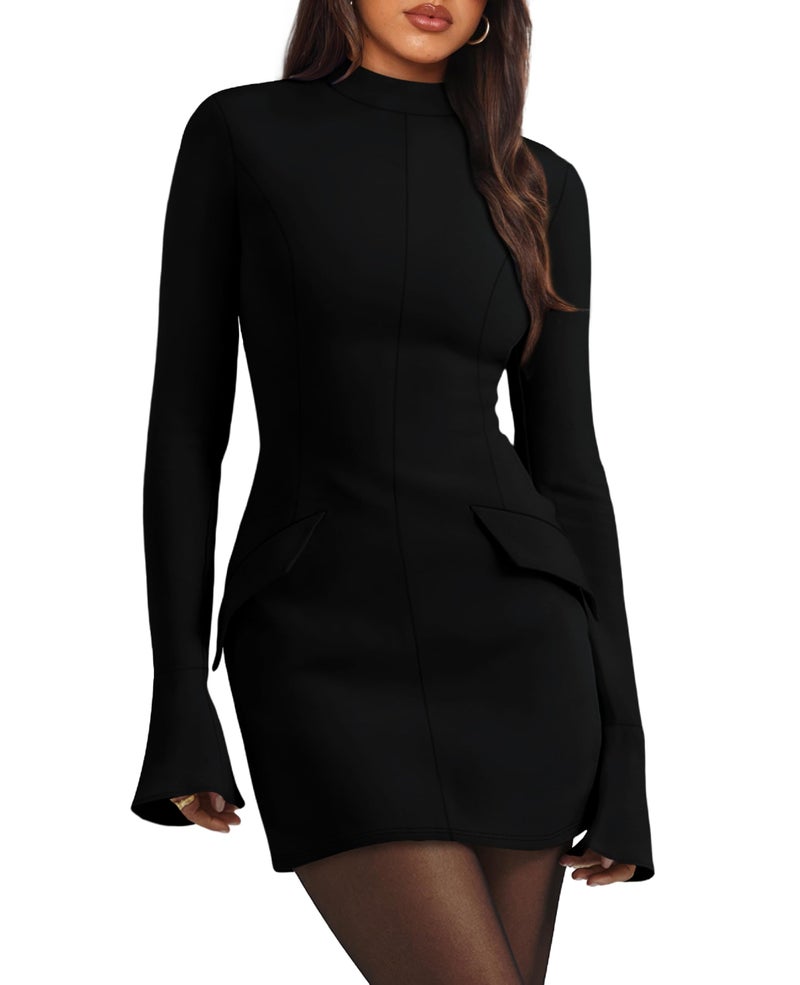 OFEEFAN Women Fall Clothes Long Sleeve Slim Fit Dress Little Black Mock Neck Flare Sleeve Dress L - Image 1