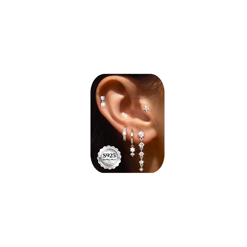 MILACOLATO 5Pairs 925 Sterling Silver Earrings for Women Platinum Plated Stud Huggie Hoop Earrings Sets for Multiple Piercing Hypoallergenic CZ Pearl Cartilage Earrings Stacks Trendy Gifts - Image 1