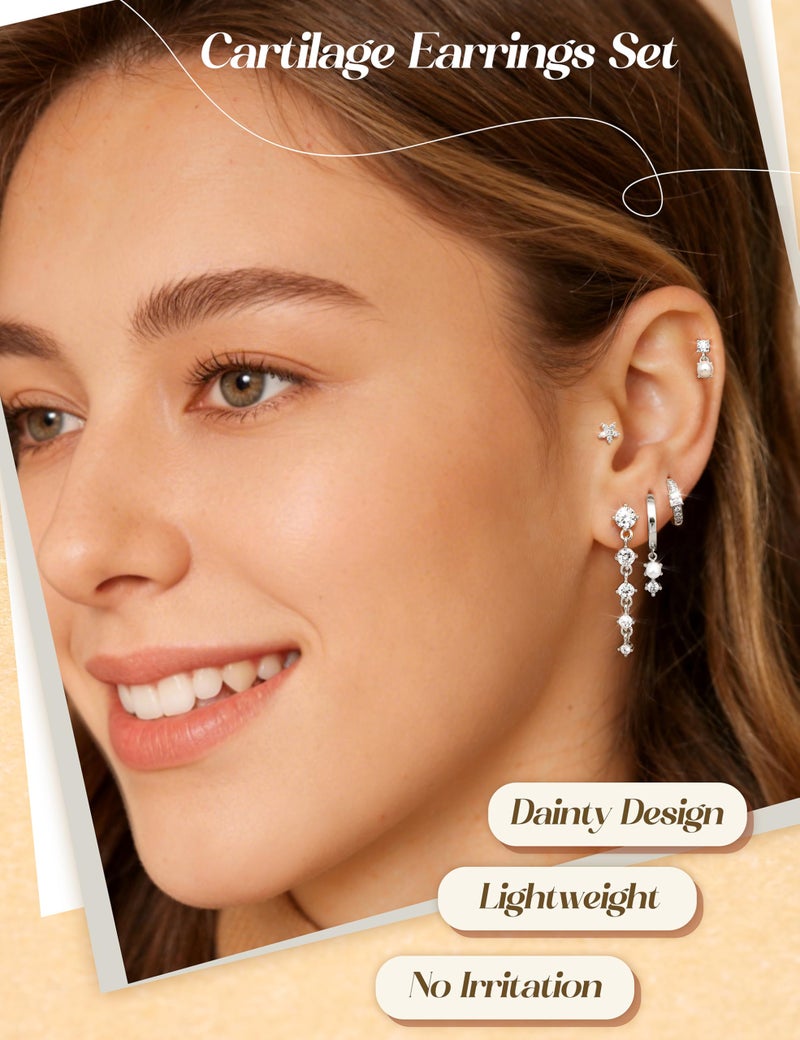 MILACOLATO 5Pairs 925 Sterling Silver Earrings for Women Platinum Plated Stud Huggie Hoop Earrings Sets for Multiple Piercing Hypoallergenic CZ Pearl Cartilage Earrings Stacks Trendy Gifts - Image 3