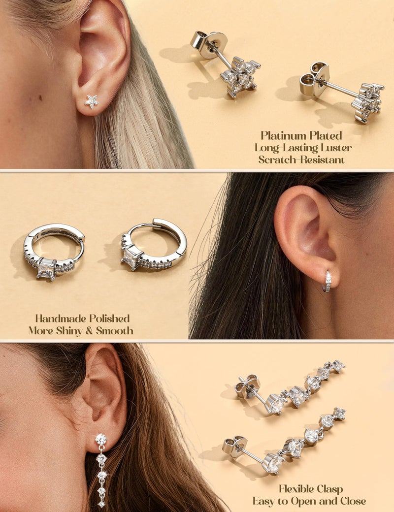 MILACOLATO 5Pairs 925 Sterling Silver Earrings for Women Platinum Plated Stud Huggie Hoop Earrings Sets for Multiple Piercing Hypoallergenic CZ Pearl Cartilage Earrings Stacks Trendy Gifts - Image 4