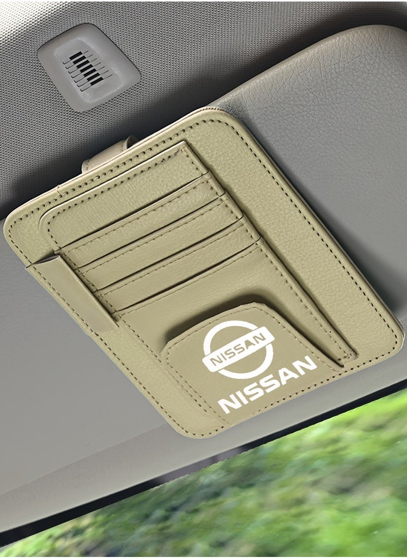 Nissan Car Sun Visor Organizer PU Leather Ticket Holder Clip Car Glasses Holder Clip Car Card Wallet for NISSAN BEIGE  - Image 1