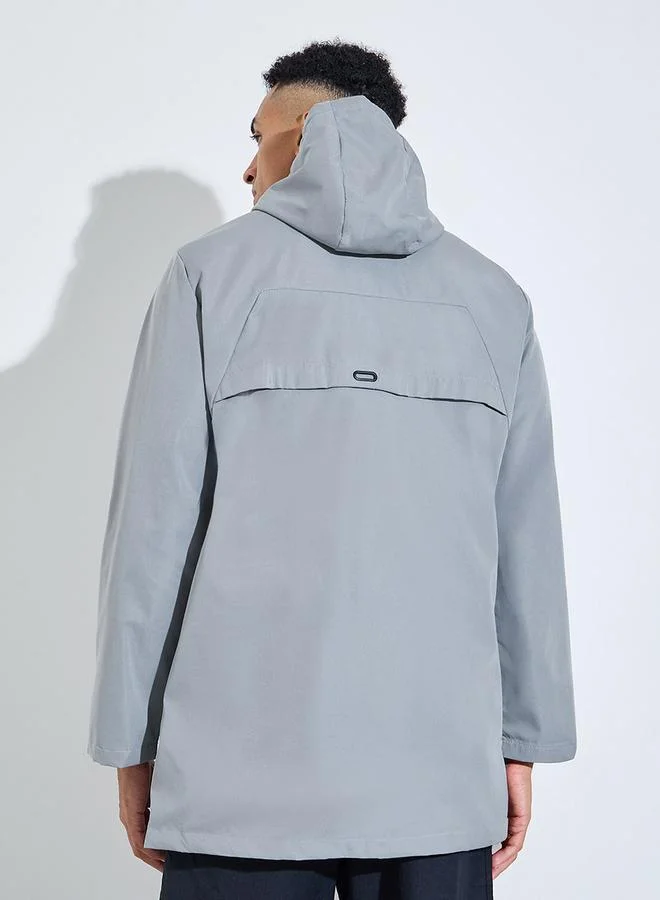 Styli  Grey Hooded Regular Fit Utility Trench Coat with Zip Closure for Men | Best Price UAE