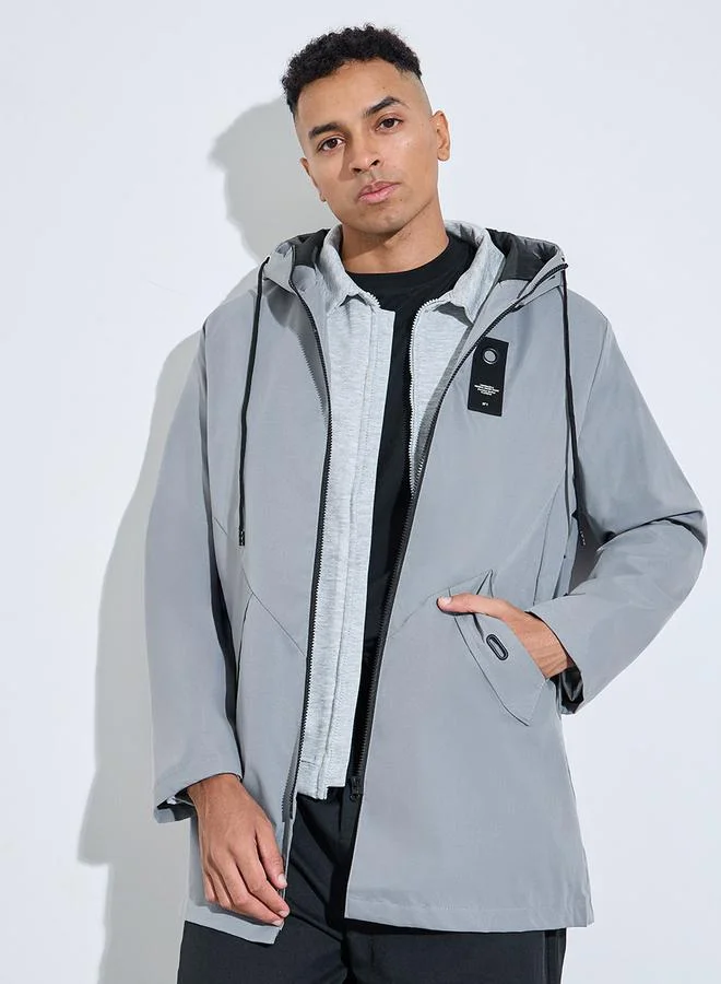 ستايلي Grey Hooded Regular Fit Utility Trench Coat with Zip Closure