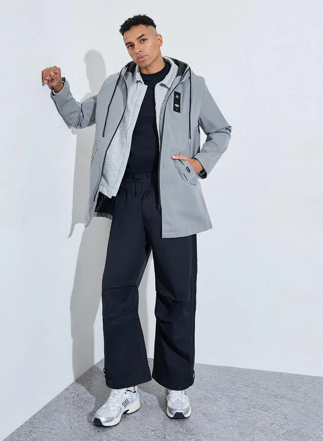 ستايلي Grey Hooded Regular Fit Utility Trench Coat with Zip Closure
