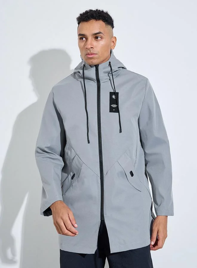 Styli  Grey Hooded Regular Fit Utility Trench Coat with Zip Closure for Men | Best Price UAE